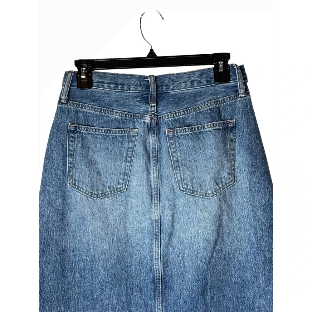 Uniqlo Denim Midi Skirt Women 10 Blue Medium Wash Front Slit Straight Jean